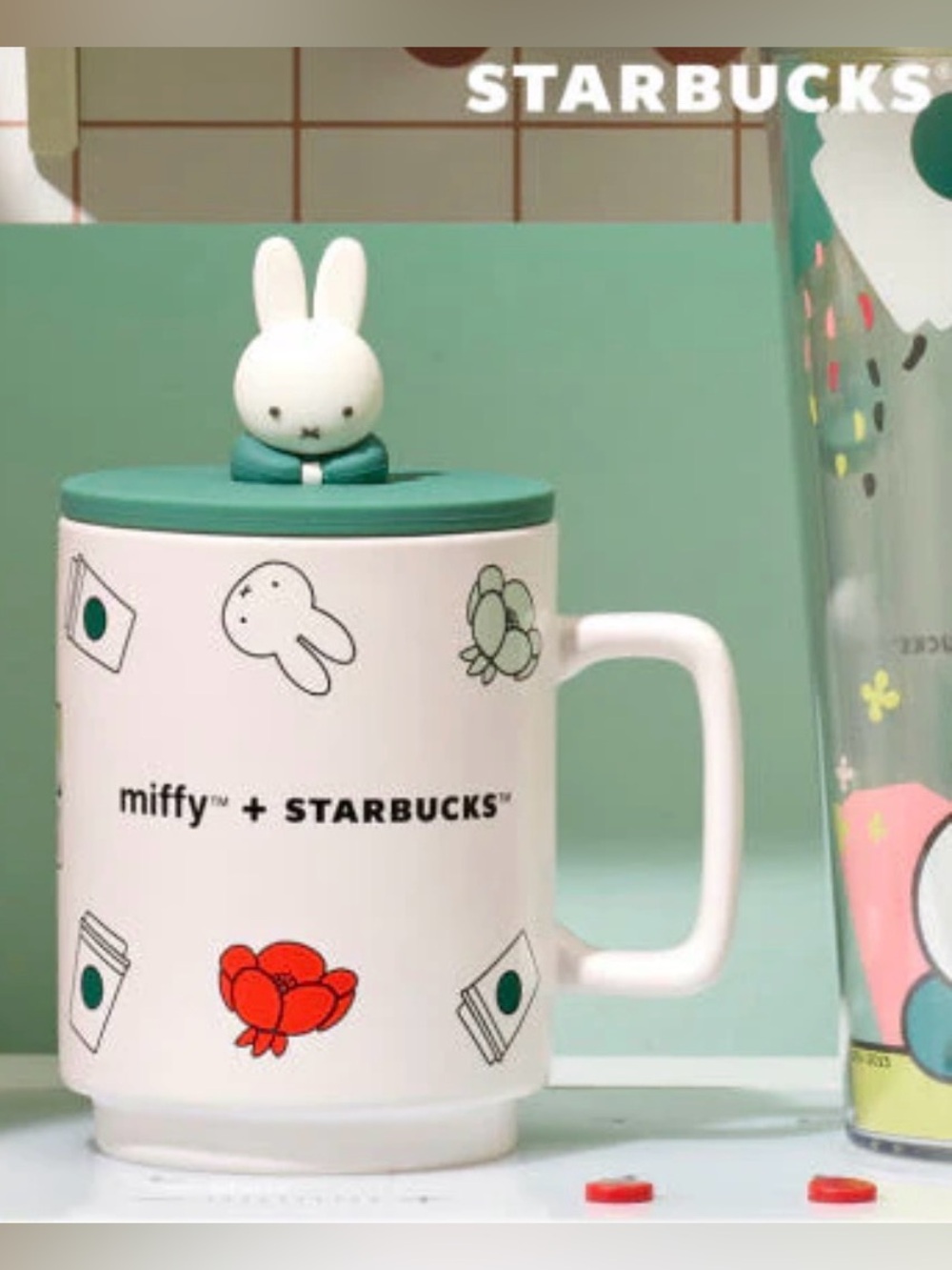 Starbucks White Ceramic Miffy Mug with Teal Lid and Bunny Topper